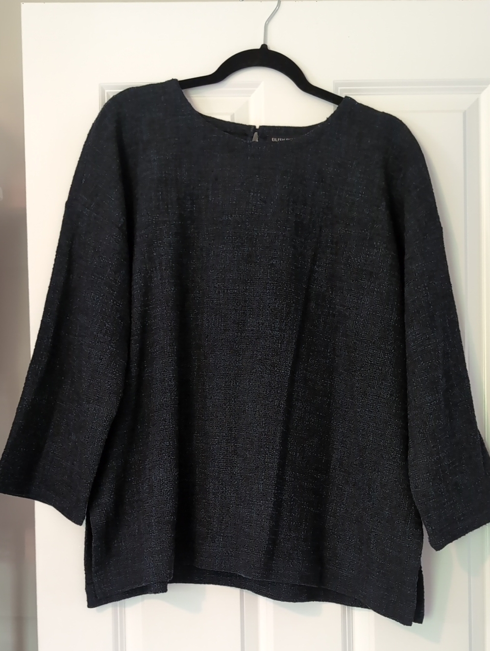 EILEEN FISHER Textured Cotton Blend Boxy Scoop Neck 3/4 Sleeve Pullover Top.